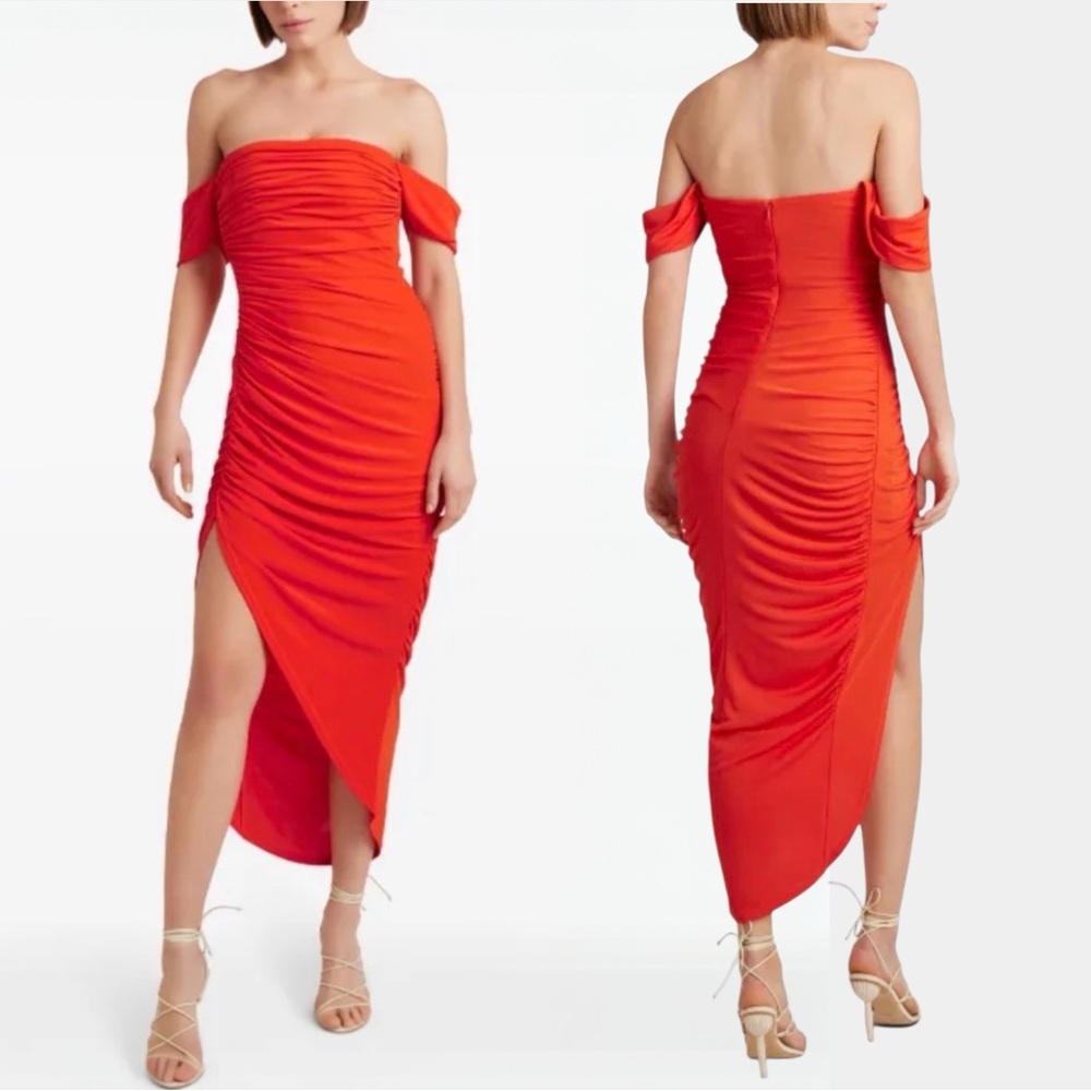 NWT Cinq A Sept Delaney Ruched Midi Dress Orange Size 16